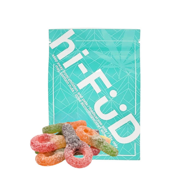 An image of THC hi-FÜD Sour Key gummies showcasing the packaging and gummies