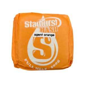An image of Agent Orange Full Melt Hash with an orange Starburst Wrapper on a white background