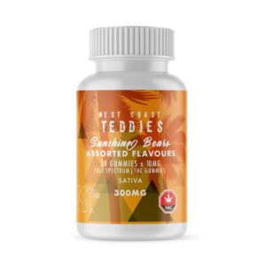 Bottle of West Coast Teddies - Assorted Sativa Sunshine Bears by Kandy Kandy, featuring colourful branding and a label indicating 300mg THC content on a white background