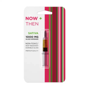 Now + Then – Sativa Syringe shown in a clear, heat-resistant glass dispenser filled with golden THC oil, ideal for vaping, dabbing, or edible infusion