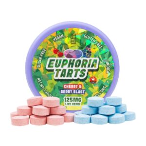 Indica Cherry & Berry Blast Tarts container with edibles displayed in front on a white background