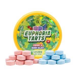 Sativa Cherry & Berry Blast Tarts container with edibles displayed in front on a white background