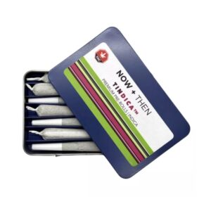 Now + Then TINDICA Indica Pre Roll 7 Pack – Lemon Ice shown in a sleek reusable tin with seven 1g pre rolls, designed for relaxation with premium indica-dominant flower and citrus-forward branding