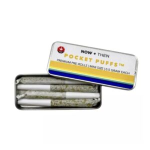 Now + Then 4 Pack Pocket Puffs Skywalker tin with lid partially open, revealing four 0.5g indica dominant pre rolls neatly arranged inside, displayed on a clean white background