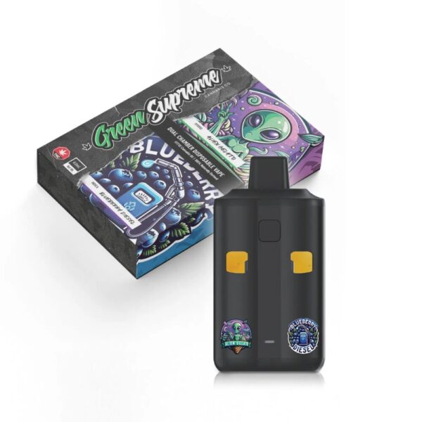 Photo of the Green Supreme - Alien Gelato X Blueberry Diesel Vape Pen in front of its branded cardboard packaging on a clean white background