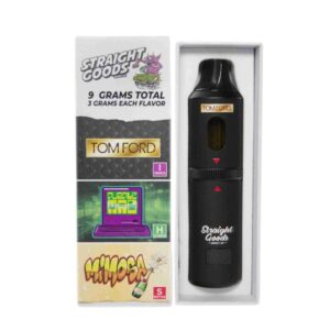 Straight Goods – 9g Disposable THC Vape – Tom Ford X Mimosa X Purple Mac with packaging – open box shown with lid beside it