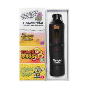 Straight Goods Vape – Lebanese Hashish X Melon Haze X Peach Rings with packaging – open box shown with lid beside it