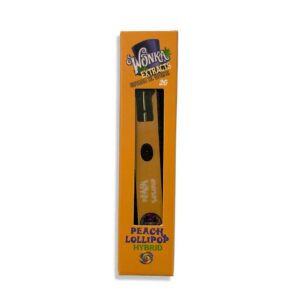 Wonka Extracts Peach Lollipop Hybrid Vape Pen 2g β orange disposable THC vaporizer featuring live resin and D9 distillate blend in Wonka-themed packaging