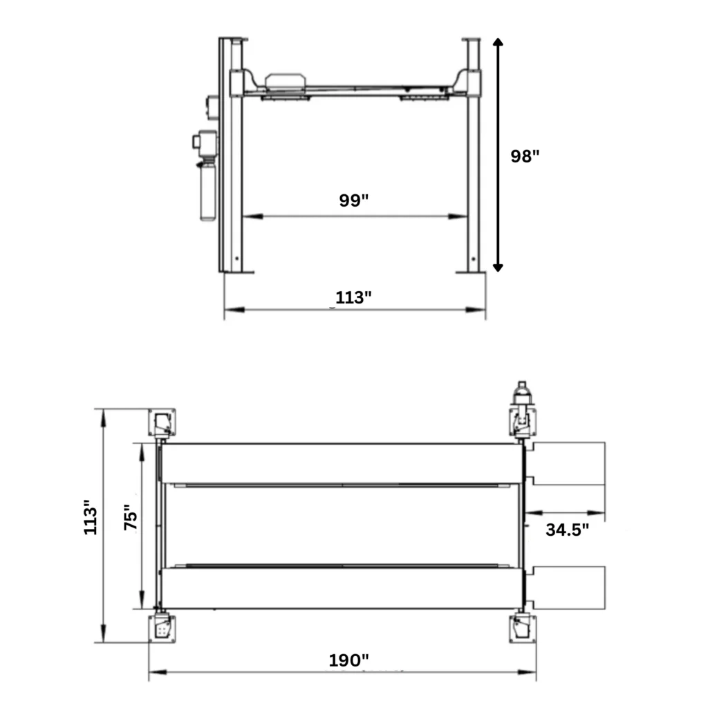 Pro King 8 XXL 4 post lift, dimensions diagram