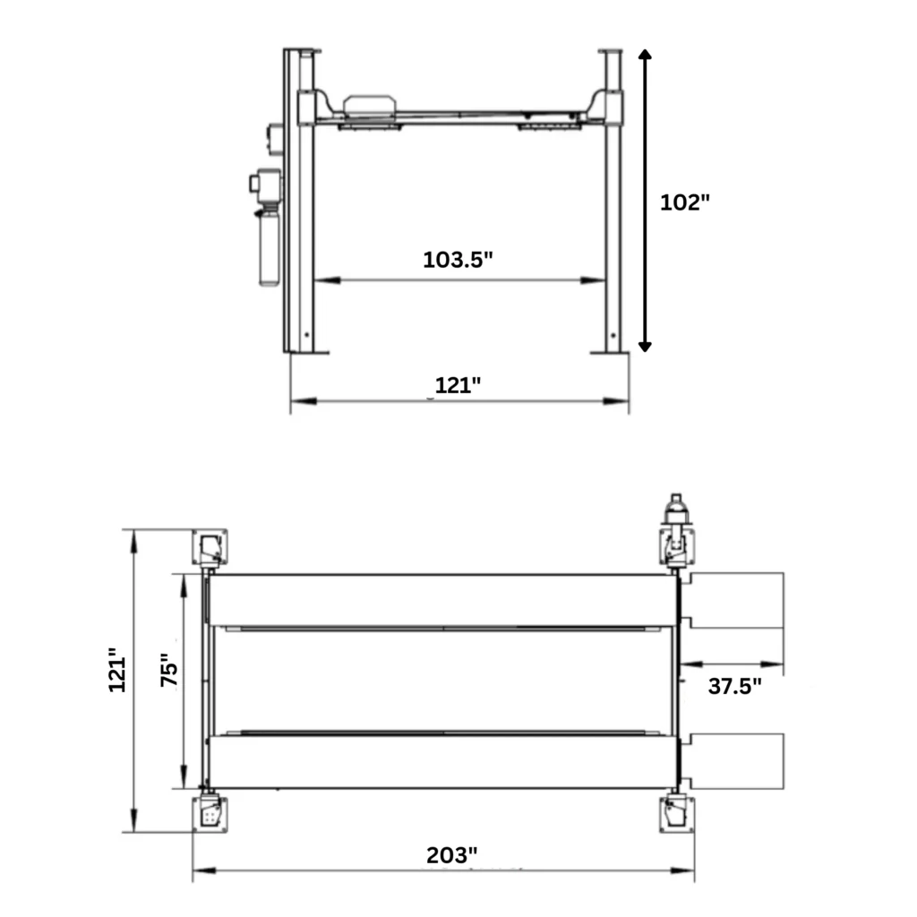 Pro King 10 XLT 4 post lift, dimensions diagram