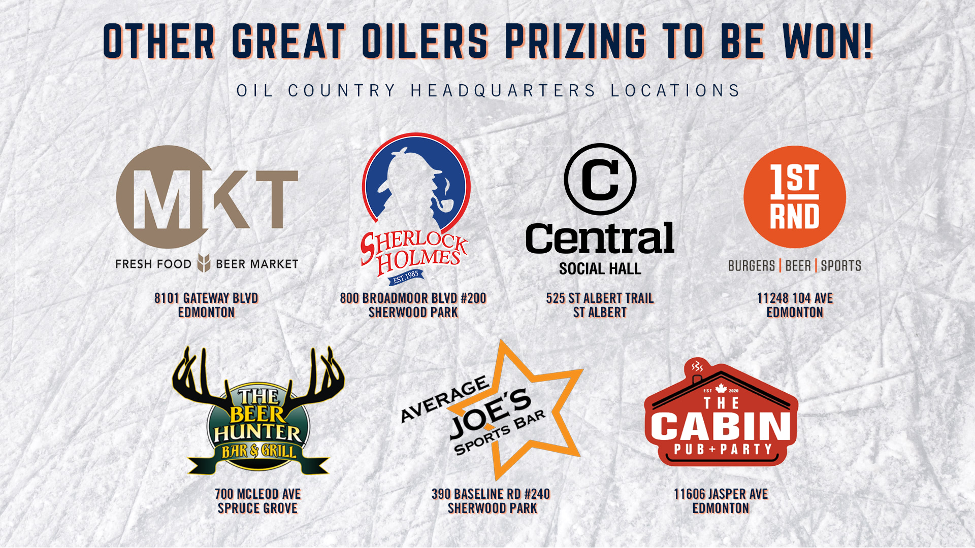 Other Great Oilers Prizing to be won! Oil Country Headquarters Locations: MKT - 8101 Gateway Blvd, Sherlock Holmes - 10012 101A Ave, Central Social Hall - 10909 Jasper Ave, 1ST RND - 11248 1-4 Ave, The Beer Hunter Bar & Grill - 700 McLeod Ave Spruce Grove, Average Joe's Sports Bar - 390 Baseline RD #240 Sherwood Park, The Cabin Pub+Party - 11606 Jasper Ave